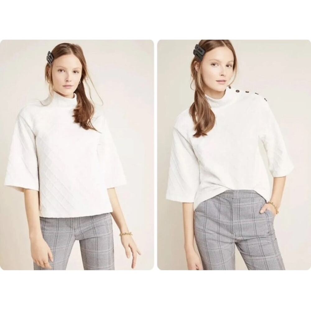 Anthropologie Sunday In Brooklyn Mollie Button Shoulder Top Mock Neck S Cream